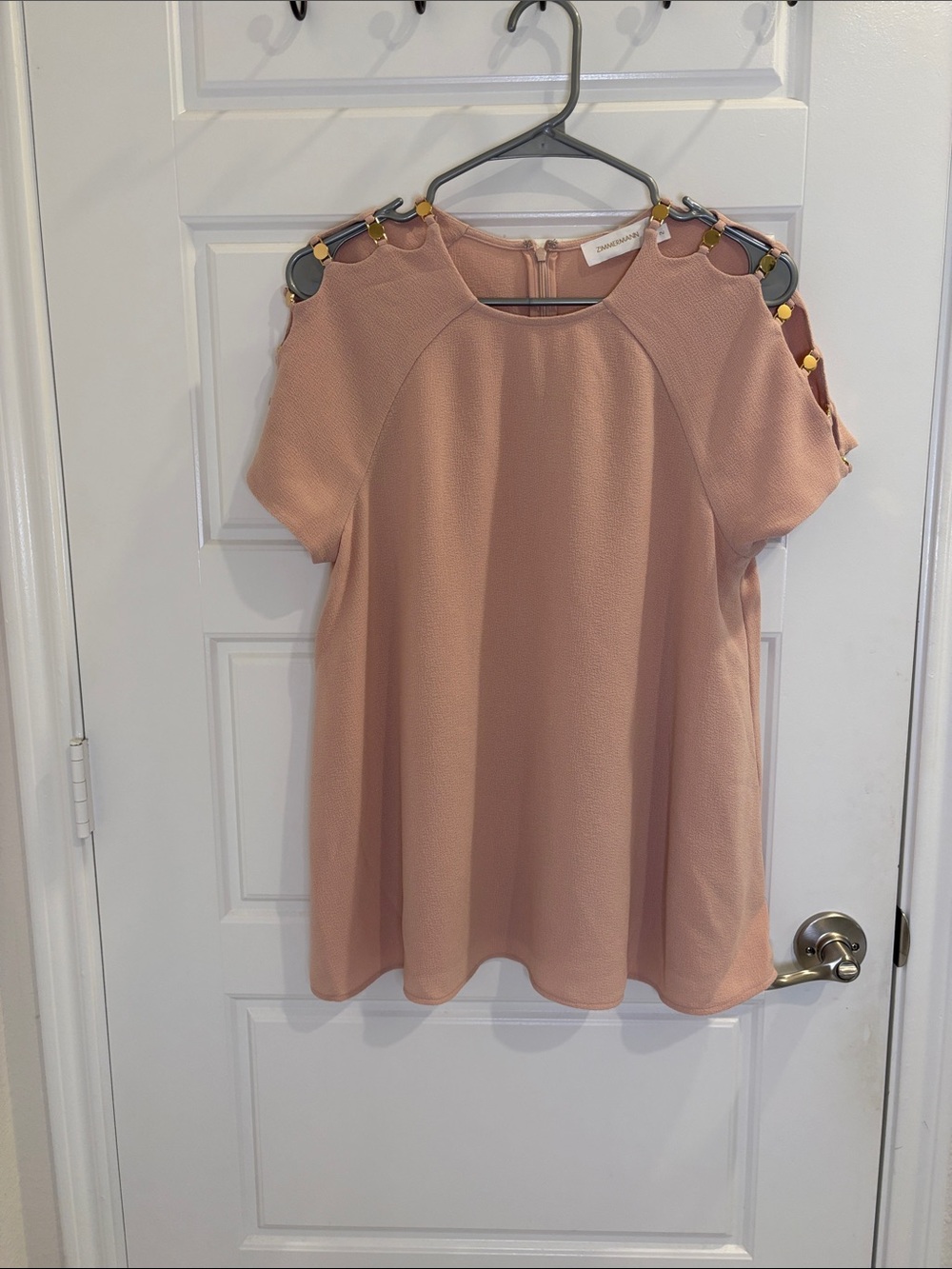 Zimmermann Blush Pink Cutout Shoulder Dress Gold Button Detail Size 2
